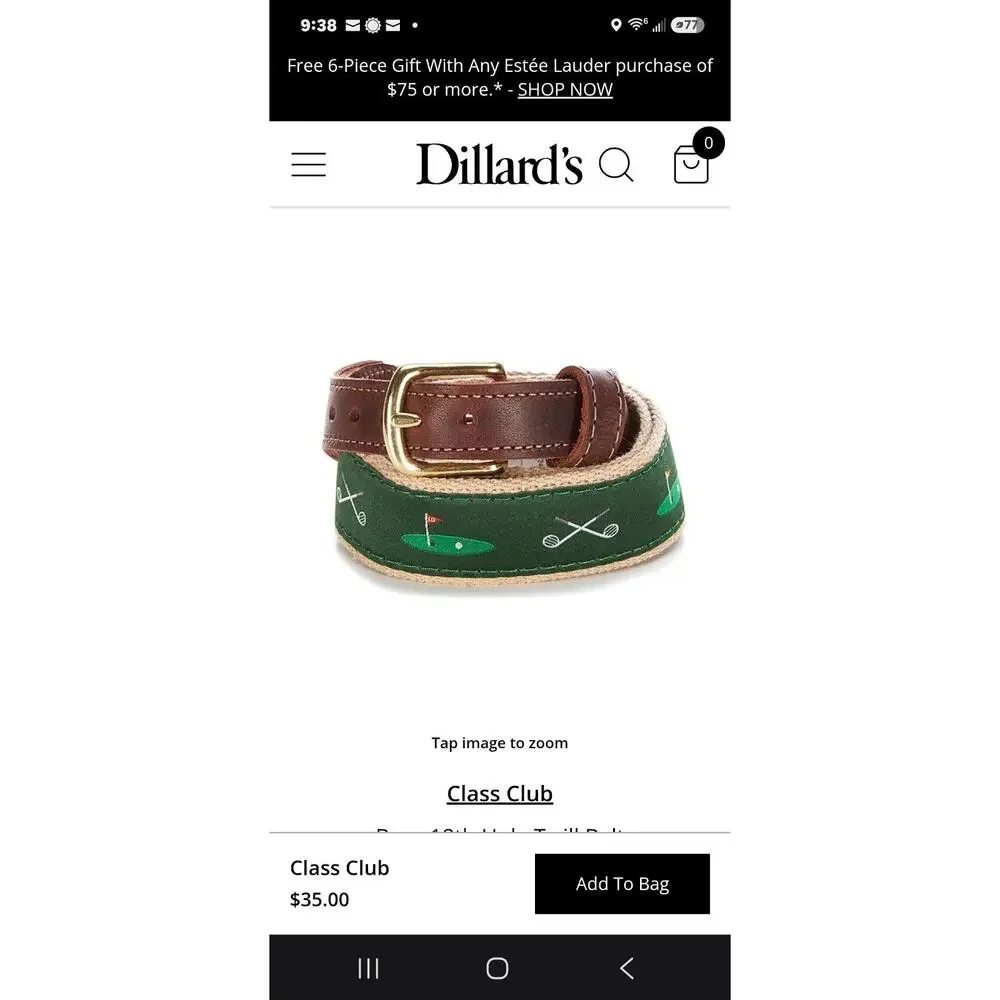 XL Golf Theamed embroidered Cloth Belt with Leather & Brass Buckle, Green